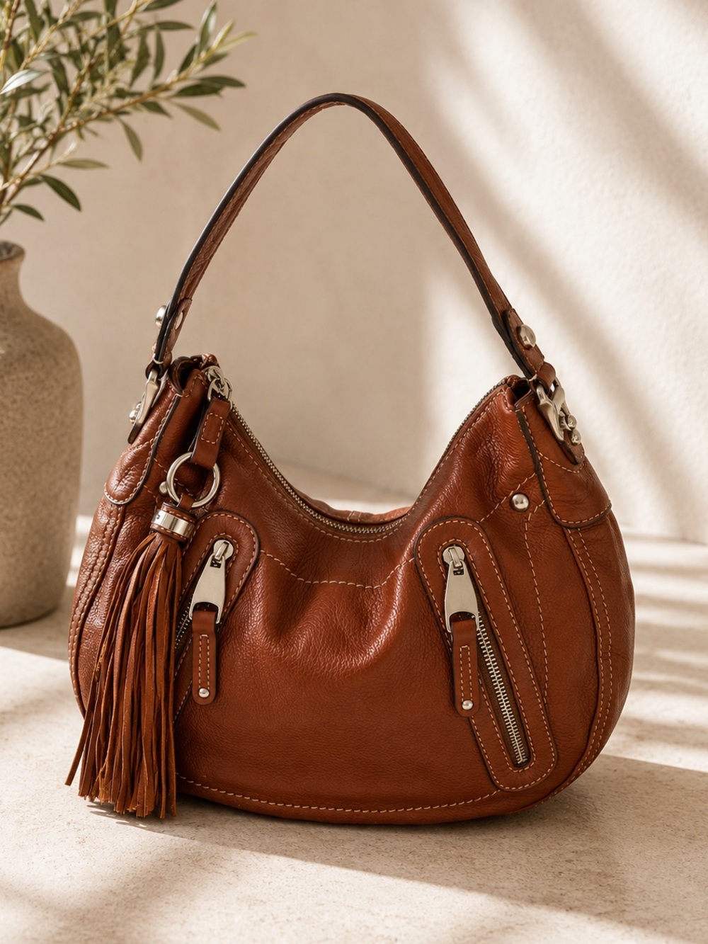 B. Makowsky Brown Leather Hobo Shoulder Bag